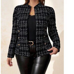 Plus Classic Plaid Button Detail High Collar Jacket Coat
